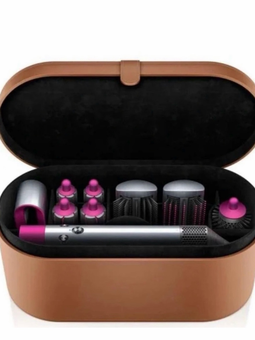 Hair Styling Tool Set with Brown Storage Case and Pink Accents